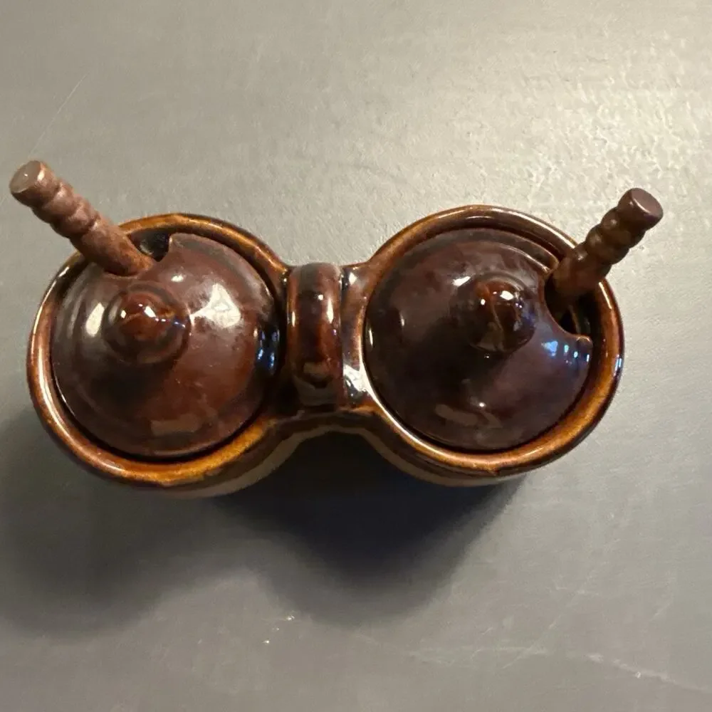 Vintage Stoneware Double Condiment Set, Marked Taiwan, MINT CONDITION w/spoons